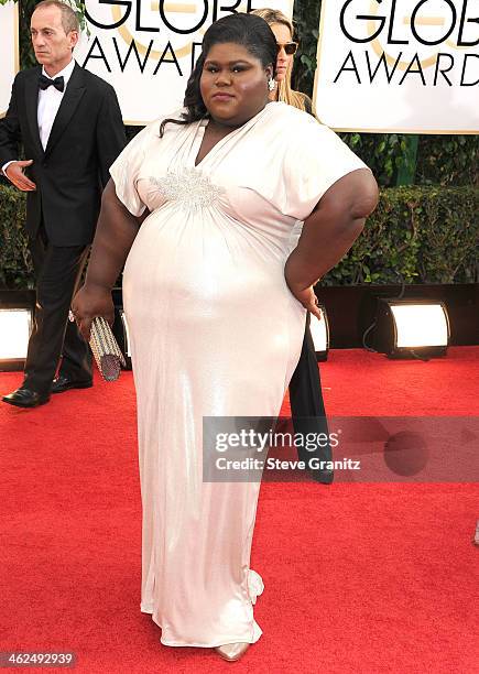 Gabourey Sidibe arrives at the 71st Annual Golden Globe Awards at The Beverly Hilton Hotel on January 12, 2014 in Beverly Hills, California.