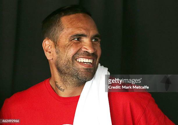 Anthony Mundine smiles during the weigh in ahead of Footy Show Fight Night at Allphones Arena on January 30, 2015 in Sydney, Australia.