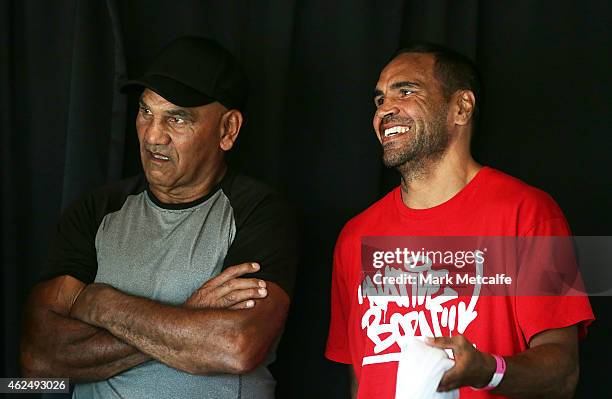 Anthony Mundine smiles during the weigh in ahead of Footy Show Fight Night at Allphones Arena on January 30, 2015 in Sydney, Australia.