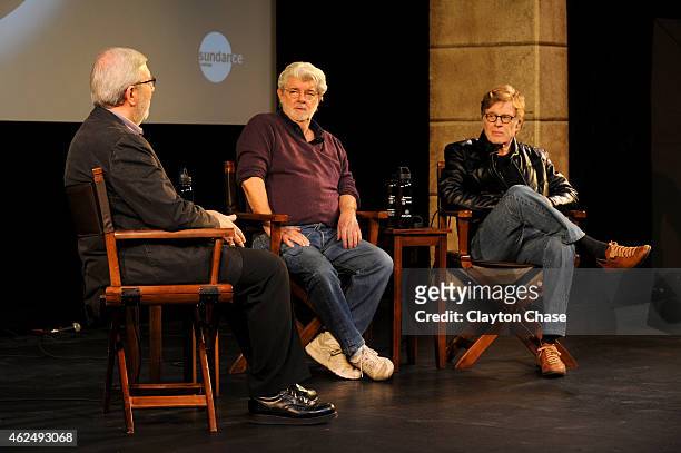 Film Critic Leonard Maltin, director George Lucas, and Sundance Institute President Robert Redford speak onstage at the Power Of Story Panel during...