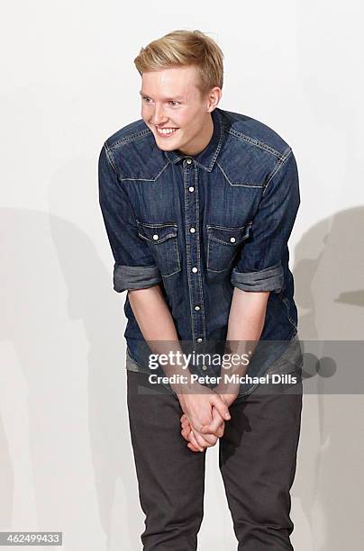 Winner in the 'Graduate Projects' category, Danny Reinke poses at the runway at the European Fashion Award FASH 2014 on January 13, 2014 in Berlin,...
