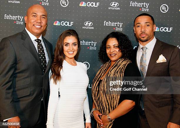 Super Bowl XLIX -- Pictured: NBC football analyst Hines Ward, Lindsey Georgalas-Ward, Erika Harrison and NBC football analyst Rodney Harrison attend...