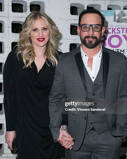 Singer AJ McLean of The Backstreet Boys and wife Rochelle Deanna Karidis attend the Los Angeles premiere of "Backstreet Boys Show 'Em What You're...