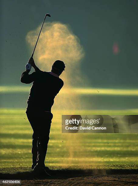 Jose Maria Olazabal of Spain plays his third shot on the par 5, 10th hole during the second round of the 2015 Omega Dubai Desert Classic on the...