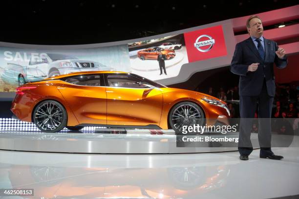 Andy Palmer, executive vice president of Nissan Motor Co., speaks during the unveiling of the Nissan Sport Sedan concept vehicle during the 2014...