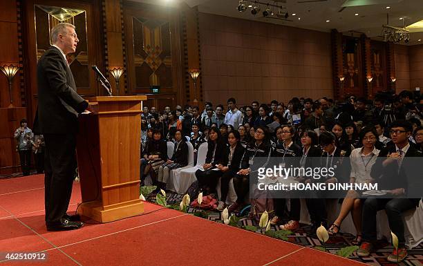 Ambassador to Vietnam Ted Osius speaks at the opening of the first US Higher Education Fair in Hanoi on January 30, 2015. The fair, attended by some...