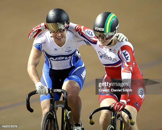 Anna Meares of South Australia congratulates Kaarle Mcculloch of New South Wales after winning the Women's Sprint during the 2015 National Track...