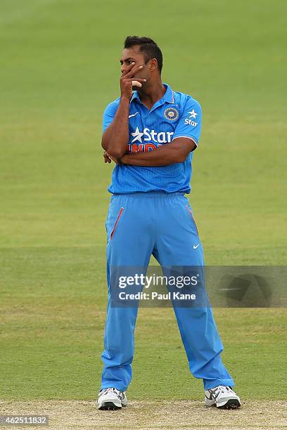 Stuart Binny of India looks on after an unsuccessfull appeal during the One Day International match between England and India at the WACA on January...