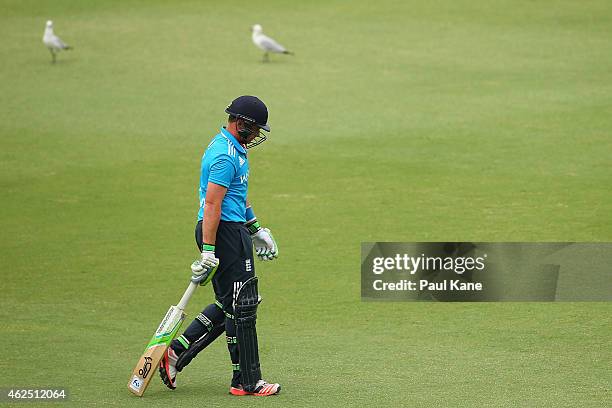 Ian Bell of England walks back to the rooms after being given out LBW during the One Day International match between England and India at WACA on...