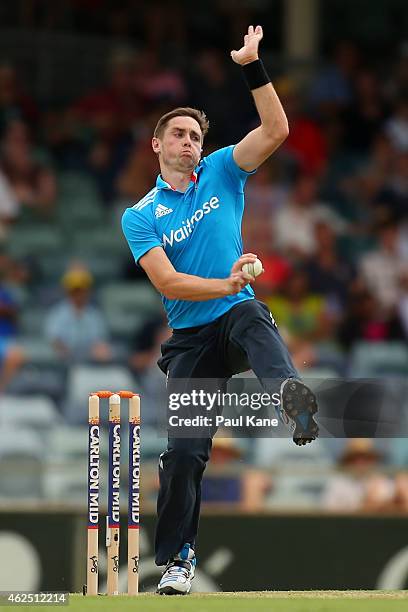 Chris Woakes of England bowls during the One Day International match between England and India at the WACA on January 30, 2015 in Perth, Australia.