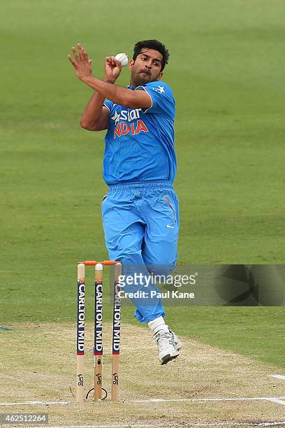 Mohit Sharma of India bowls during the One Day International match between England and India at WACA on January 30, 2015 in Perth, Australia.