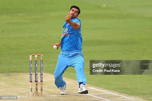 Mohit Sharma of India bowls during the One Day International match between England and India at the WACA on January 30, 2015 in Perth, Australia.