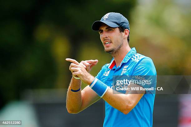 Steven Finn of England gestures to the bench during the One Day International match between England and India at WACA on January 30, 2015 in Perth,...
