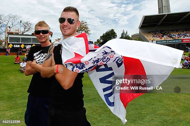 England fans show their support during the One Day International match between England and India at WACA on January 30, 2015 in Perth, Australia.