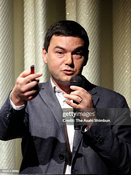 French economist Thomas Piketty speaks at a Tokyo symposium on January 29, 2015 in Tokyo, Japan. Piketty said Japan's declining population will only...