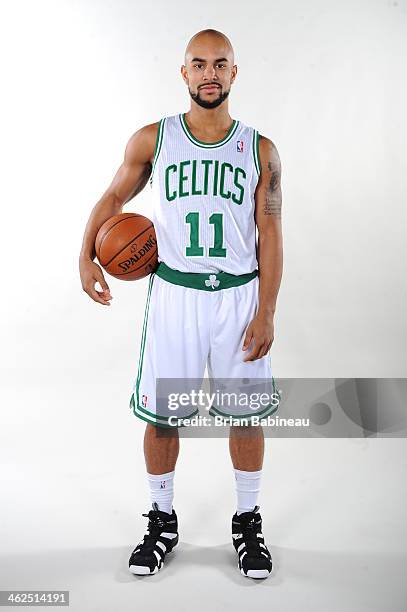 Jerryd Bayless New Member of the Boston Celtics poses for photos prior to the game against the Houston Rockets on January 13, 2014 at the TD Garden...