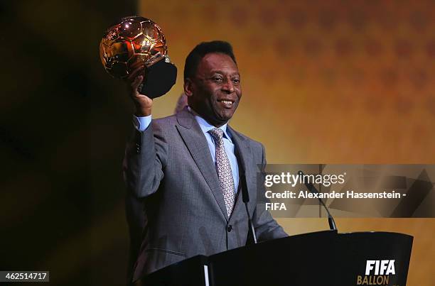 Pele of Brazil receives the FIFA Ballon d'Or Prix d'Honneur award during the FIFA Ballon d'Or Gala 2013 at the Kongresshaus on January 13, 2014 in...