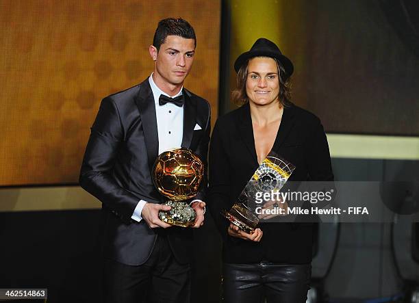 Ballon d'Or winner Cristiano Ronaldo of Portugal and Real Madrid poses with FIFA Women's World Player of the Year winner Nadine Angerer of Germany...