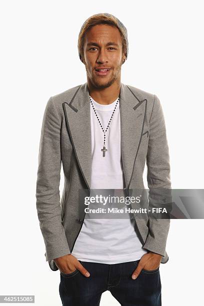 Neymar of Brazil and Barcelona poses for a portrait prior to the FIFA Ballon d'Or Gala 2013 at the Park Hyatt hotel on January 13, 2014 in Zurich,...