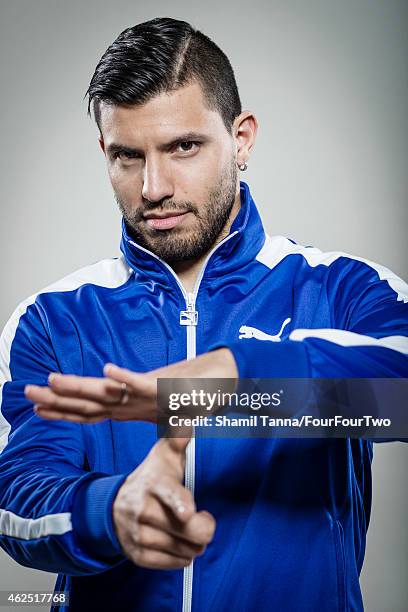 Footballer Sergio Aguero is photographed for FourFourTwo magazine on February 18, 2014 in London, England.