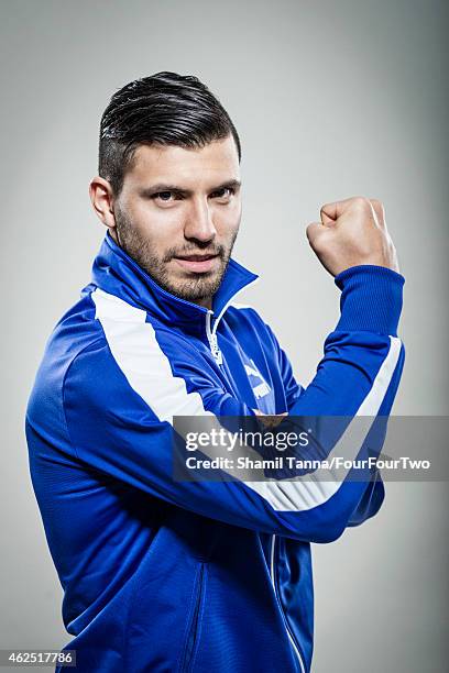 Footballer Sergio Aguero is photographed for FourFourTwo magazine on February 18, 2014 in London, England.