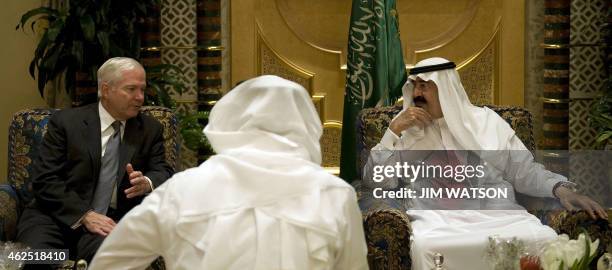 Defence Secretary Robert Gates meets with Saudi King Abdullah bin Abdul Aziz at the Janadriyah farm in Riyadh on March 10, 2010. Gates flew into the...