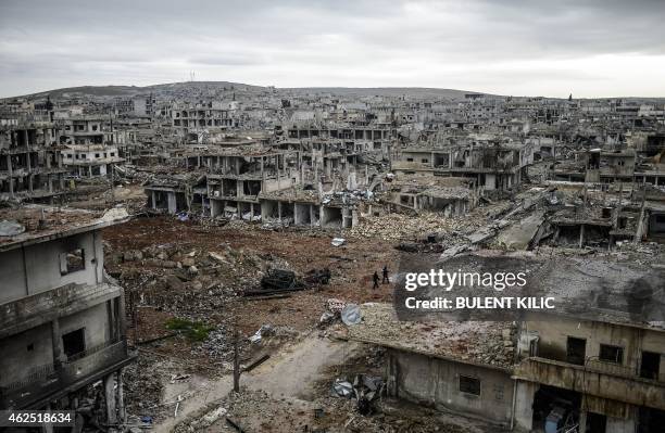 Photo taken on January 30, 2015 shows the eastern part of the destroyed Syrian town of Kobane, also known as Ain al-Arab. Kurdish forces recaptured...