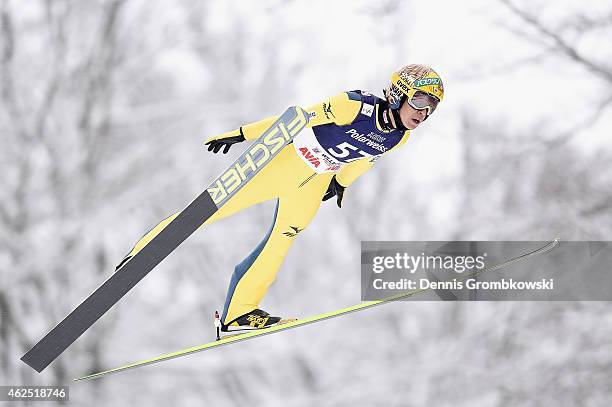 Noriaki Kasai of Japan soars through the air during his first training jump on Day One of the FIS Ski Jumping World Cup on January 30, 2015 in...