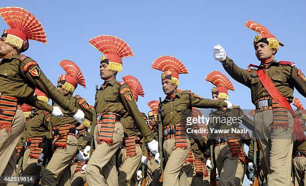 Indian Border Security Force soldiers march during their passing out parade on January 30, 2015 in Humhama, on the outskirts of Srinagar, the summer...