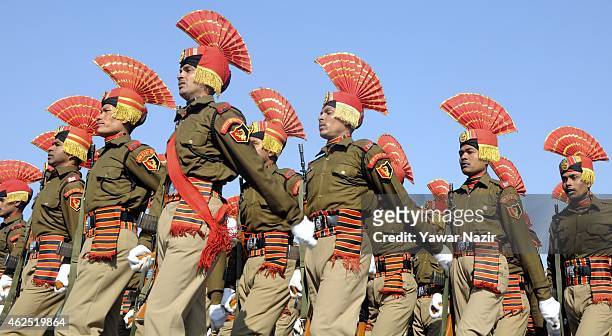 Indian Border Security Force soldiers march during their passing out parade on January 30, 2015 in Humhama, on the outskirts of Srinagar, the summer...