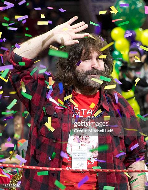 Professional wrestler Mick Foley participates in Wing Bowl 23 on January 30, 2015 at the Wells Fargo Center in Philadelphia, Pennsylvania.