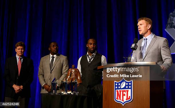 Man of the Year winner Matt Birk attends during the NFL Walter Payton Man of The Year Press Conference prior to the upcoming Super Bowl XLIX on...