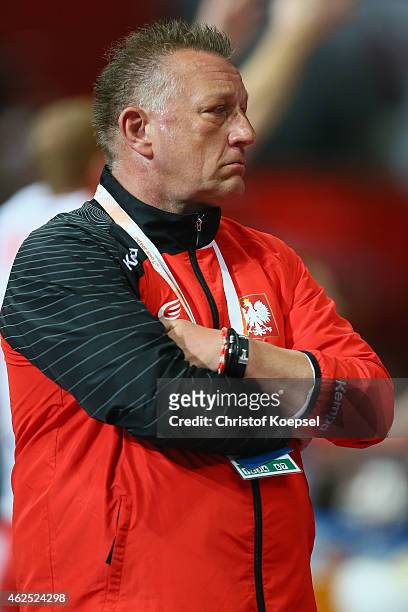 Head coach Michael Biegler of Poland looks dejected during the semi final match between Poland v Qatar during the Men's Handball World Championship...