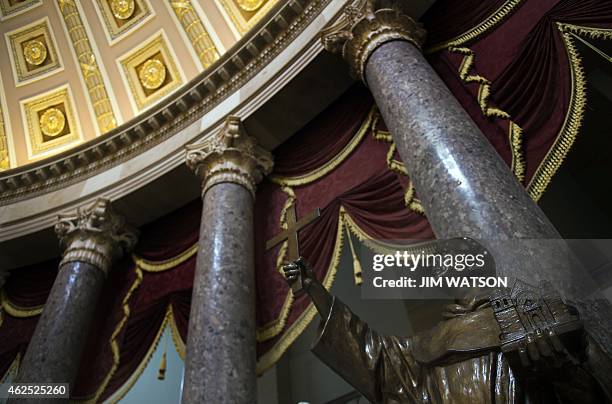 Statue of Father Junipero Serra, the founder of Californias missions and a controversial figure for his role in a process that began the decimation...