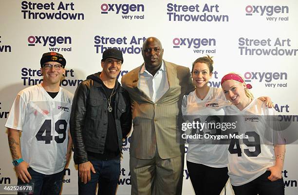 Oxygen 2015 Super Bowl XLIX Activation" -- Pictured: Cameron Moberg, Justin Bua, La'Roi Glover, Lauren Wagner and Jenna Morello --