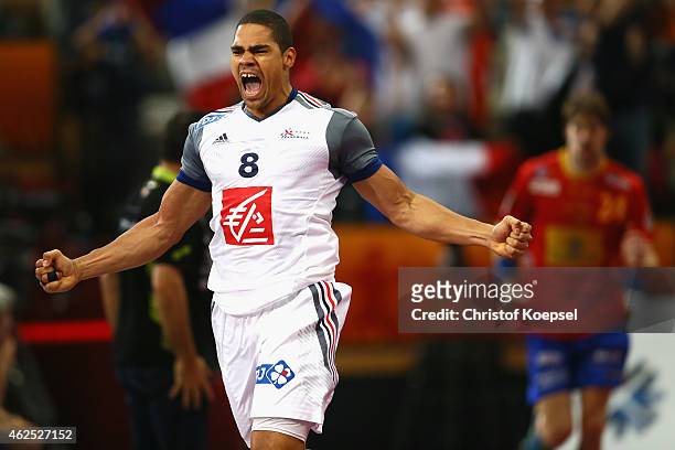 Daniel Narcisse of France celebrates a goal during the semi final match between Spain and France at Lusail Multipurpose Hall during the Men's...