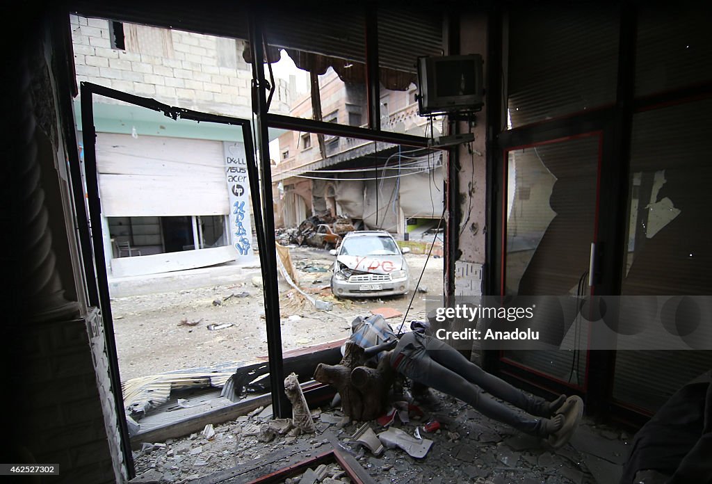 The view of damaged houses in Kobane