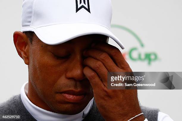 Tiger Woods speaks with the media after finishing 11 over-par for a total of 13 over-par after his second round of the Waste Management Phoenix Open...