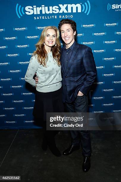 Victoria Osteen and preacher Joel Osteen attend SiriusXM at Super Bowl XLIX Radio Row at the Phoenix Convention Center on January 30, 2015 in...