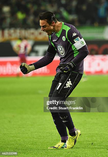 Diego Benaglio of Wolfsburg celebrates his teams fourth goal during the Bundesliga match between VfL Wolfsburg and FC Bayern Muenchen at Volkswagen...