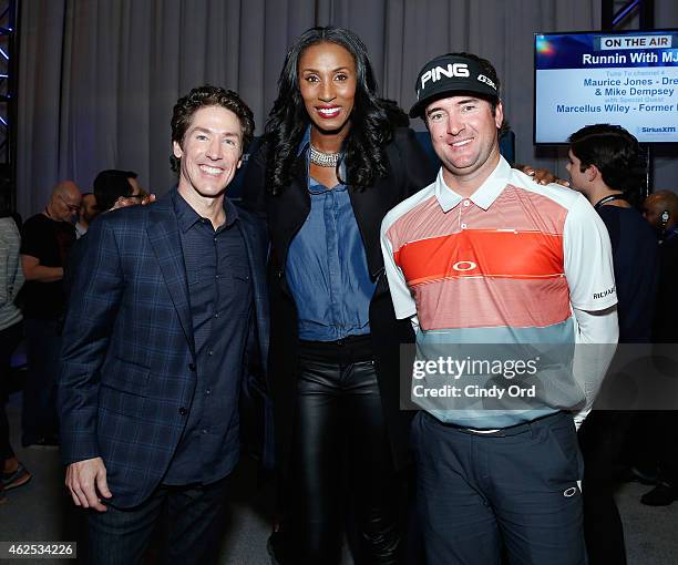 Preacher Joel Osteen, former WNBA player Lisa Leslie and professional golfer Bubba Watson attend SiriusXM at Super Bowl XLIX Radio Row at the Phoenix...