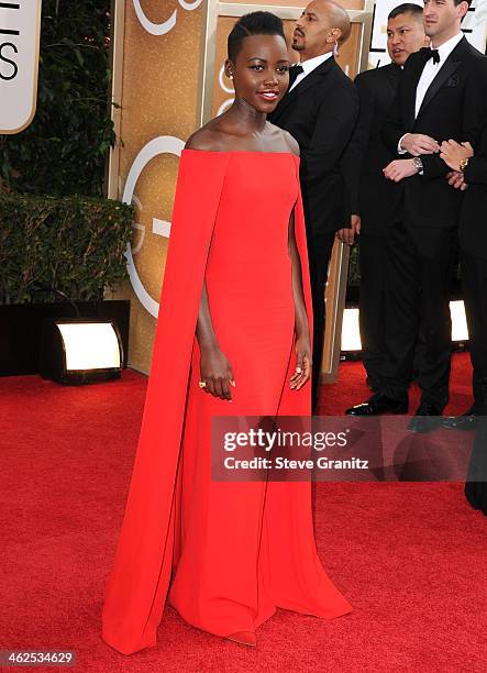 Lupita Nyong'o arrives at the 71st Annual Golden Globe Awards at The Beverly Hilton Hotel on January 12, 2014 in Beverly Hills, California.