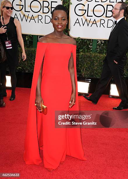 Lupita Nyong'o arrives at the 71st Annual Golden Globe Awards at The Beverly Hilton Hotel on January 12, 2014 in Beverly Hills, California.