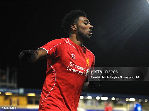 Jerome Sinclair of Liverpool celebrates his goal during the FA Youth Cup 5th Round match between Liverpool and Birmingham City at The Swansway...