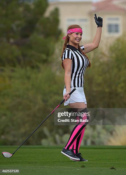 Ashley Perez is introduce on the first tee during the PGA TOUR Wives Association charity golf outing during the Waste Management Phoenix Open, at TPC...