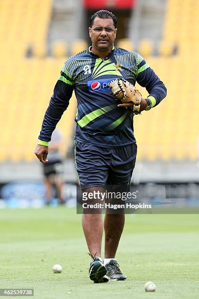 Coach Waqar Younis of Pakistan looks on during the One Day International match between New Zealand and Pakistan at Westpac Stadium on January 31,...