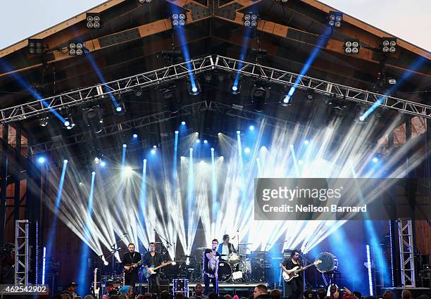 Recording artists James Adam Shelley, Zac Barnett, Dave Rublin, and Matt Sanchez of music group American Authors perform onstage at the HGTV Lodge...