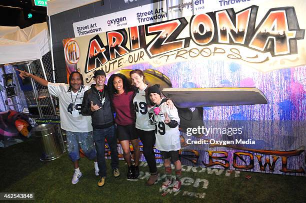 Soloman Perry, Justin Bua, Olympian Queen Harrison, Lauren Wagner and LadieOne participate in the 'Oxygen 2015 Super Bowl XLIX Activation' in support...