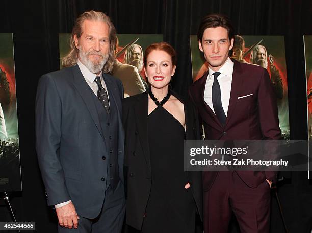 Actors Jeff Bridges, Julianne Moore and Ben Barnes attend the 'Seventh Son' special screening at Crosby Street Hotel on January 30, 2015 in New York...
