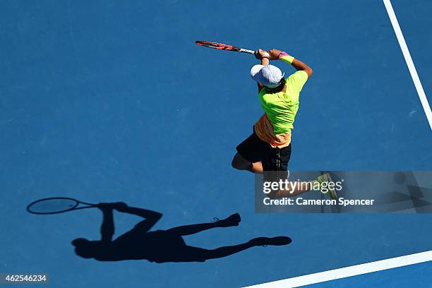 Seong-chan Hong of Korea plays a backhand in his Junior Boys' Singles Final match against Roman Safiullin of Russia during the Australian Open 2015...